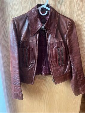 Women's Brown Leather Zip Jacket with snake skin details